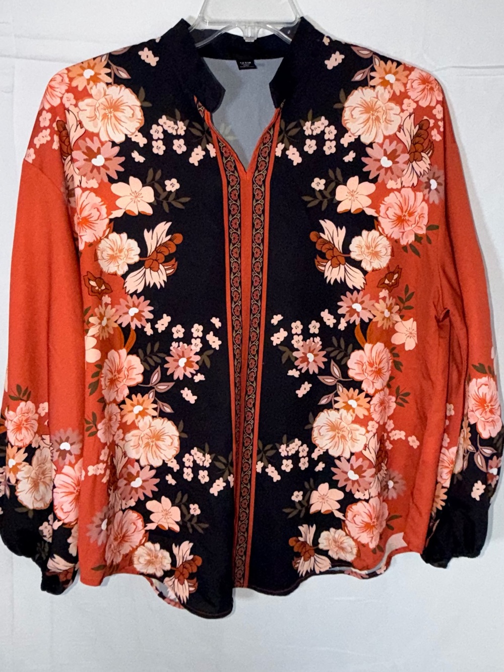 Beautiful Floral Split-Panel Blouse in Rust and Black